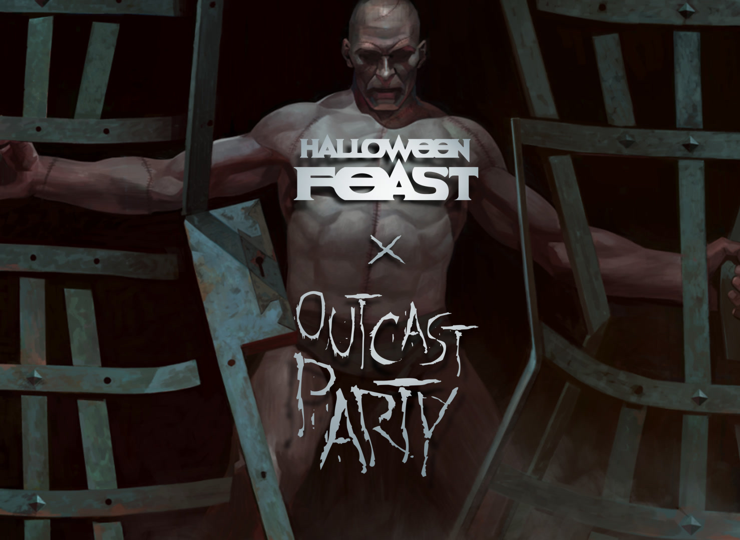 Halloween Feast 2025 Outcast Party key art by Magic Sword Studio, a stitched giant holding open two iron gates